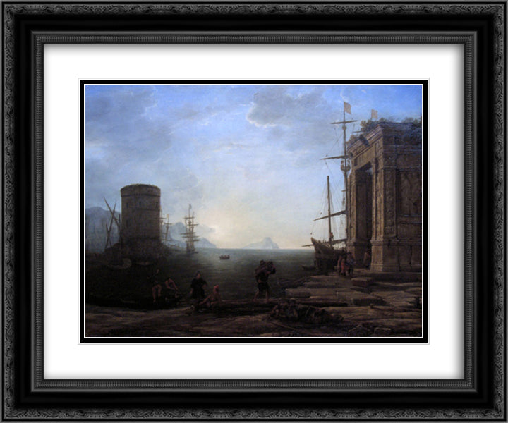 Harbour view at sunrise 24x20 Black Ornate Wood Framed Art Print Poster with Double Matting by Lorrain, Claude