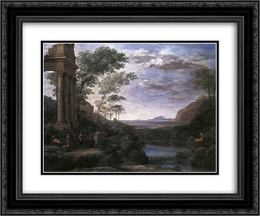 Landscape with Ascanius Shooting the Stag of Sylvia 24x20 Black Ornate Wood Framed Art Print Poster with Double Matting by Lorrain, Claude