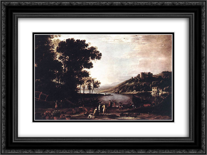 Landscape with Merchants 24x18 Black Ornate Wood Framed Art Print Poster with Double Matting by Lorrain, Claude