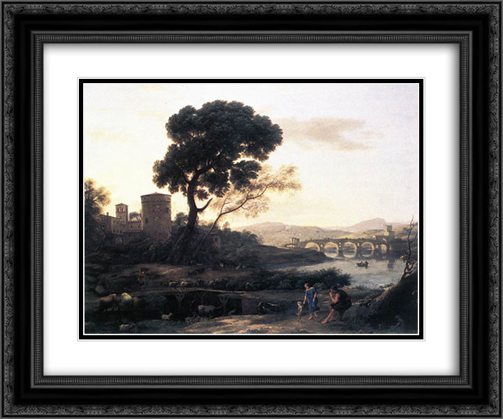 Landscape with Shepherds - The Pont Molle 24x20 Black Ornate Wood Framed Art Print Poster with Double Matting by Lorrain, Claude