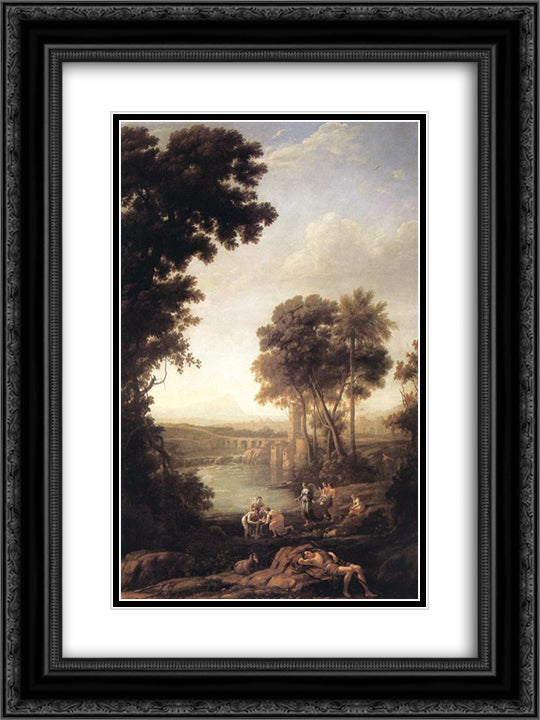 Landscape with the finding of Moses 18x24 Black Ornate Wood Framed Art Print Poster with Double Matting by Lorrain, Claude