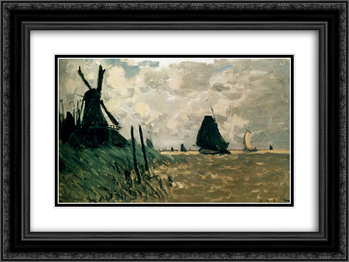 A Windmill near Zaandam 24x18 Black Ornate Wood Framed Art Print Poster with Double Matting by Monet, Claude