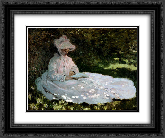 A Woman Reading 24x20 Black Ornate Wood Framed Art Print Poster with Double Matting by Monet, Claude