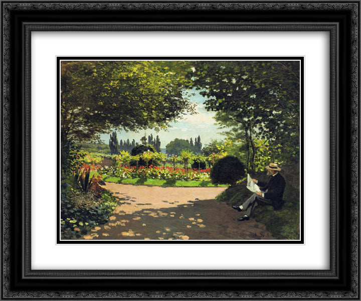 Adolphe Monet Reading in the Garden 24x20 Black Ornate Wood Framed Art Print Poster with Double Matting by Monet, Claude