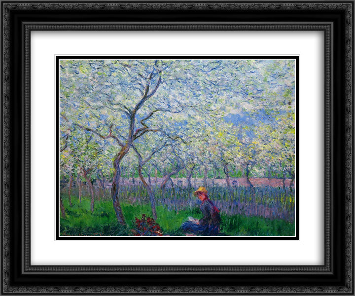 An Orchard in Spring 24x20 Black Ornate Wood Framed Art Print Poster with Double Matting by Monet, Claude