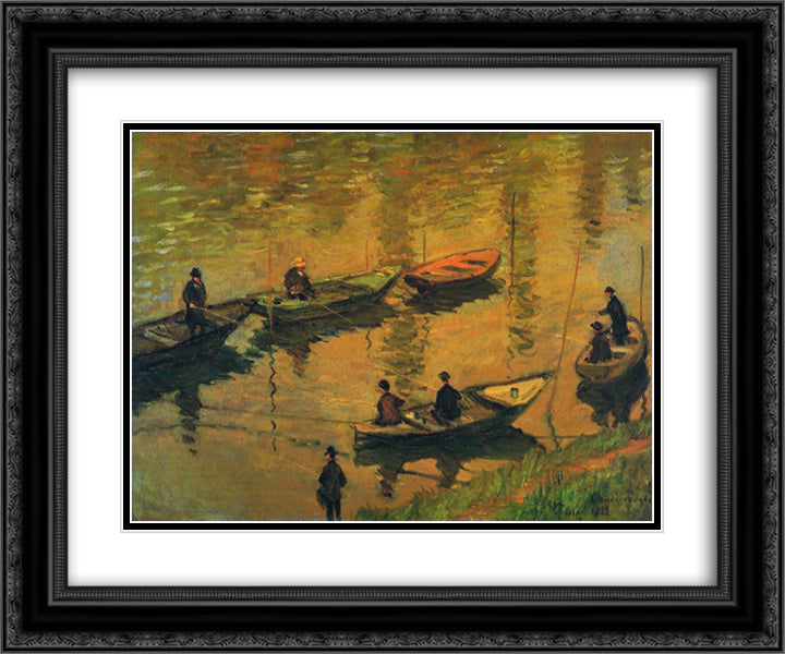 Anglers on the Seine at Poissy 24x20 Black Ornate Wood Framed Art Print Poster with Double Matting by Monet, Claude