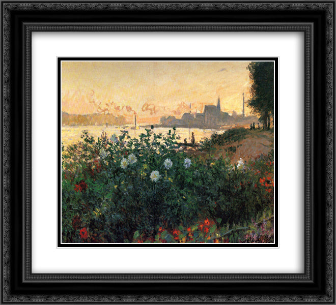 Argenteuil, Flowers by the Riverbank 22x20 Black Ornate Wood Framed Art Print Poster with Double Matting by Monet, Claude