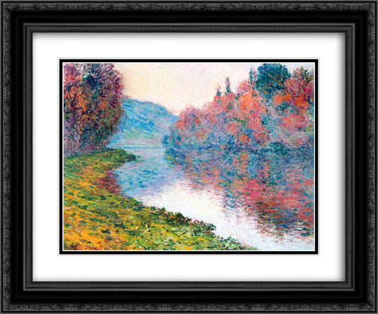 Banks of the Seine at Jenfosse - Clear Weather 24x20 Black Ornate Wood Framed Art Print Poster with Double Matting by Monet, Claude