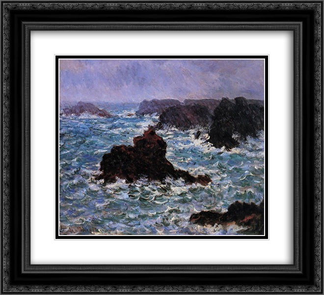 Belle-Ile, Rain Effect 22x20 Black Ornate Wood Framed Art Print Poster with Double Matting by Monet, Claude