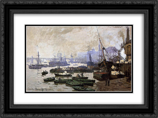 Boats in the Pool of London 24x18 Black Ornate Wood Framed Art Print Poster with Double Matting by Monet, Claude