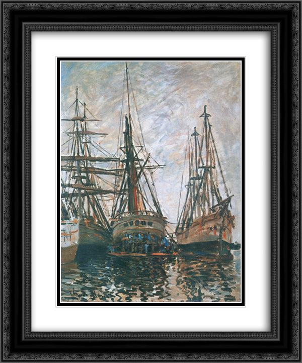 Boats on Rapair 20x24 Black Ornate Wood Framed Art Print Poster with Double Matting by Monet, Claude