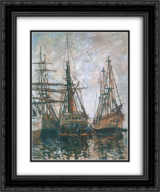 Boats on Rapair 20x24 Black Ornate Wood Framed Art Print Poster with Double Matting by Monet, Claude