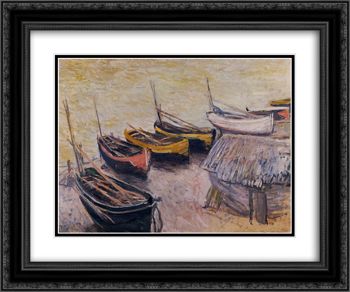 Boats on the Beach 24x20 Black Ornate Wood Framed Art Print Poster with Double Matting by Monet, Claude