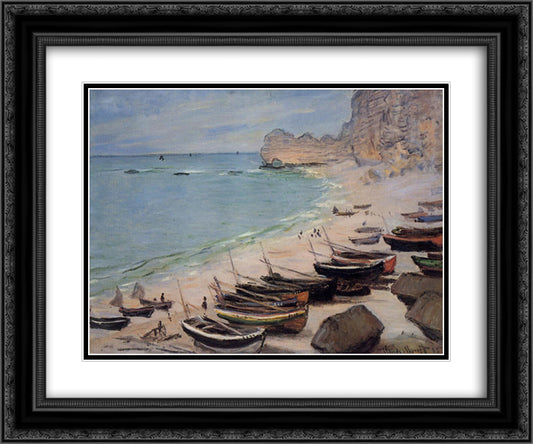 Boats on the Beach at Etretat 24x20 Black Ornate Wood Framed Art Print Poster with Double Matting by Monet, Claude