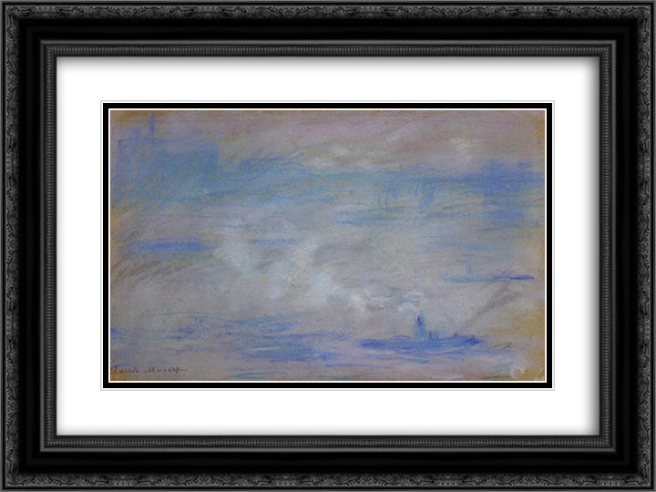 Boats on the Thames, Fog Effect 24x18 Black Ornate Wood Framed Art Print Poster with Double Matting by Monet, Claude