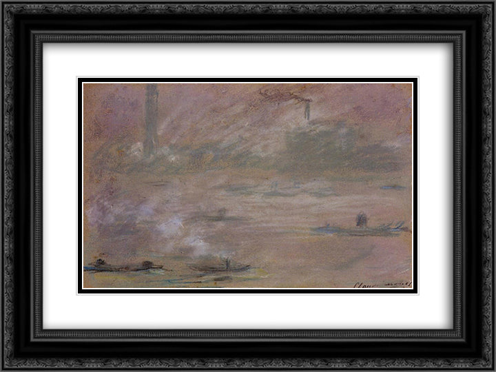 Boats on the Thames, London 24x18 Black Ornate Wood Framed Art Print Poster with Double Matting by Monet, Claude