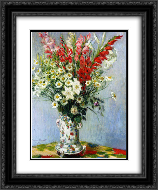 Bouquet of Gadiolas, Lilies and Dasies 20x24 Black Ornate Wood Framed Art Print Poster with Double Matting by Monet, Claude