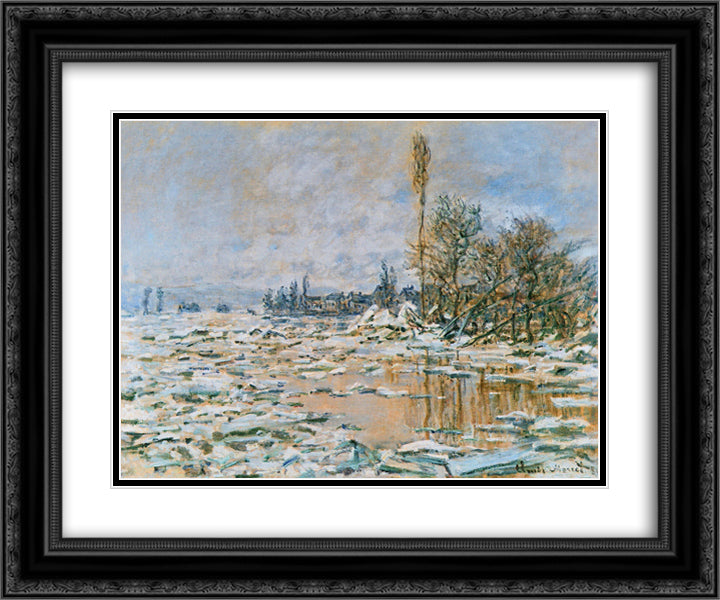 Breakup of Ice, Lavacourt, Grey Weather 24x20 Black Ornate Wood Framed Art Print Poster with Double Matting by Monet, Claude