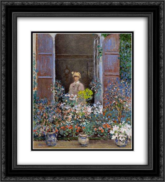 Camille Monet at the Window, Argentuile 20x22 Black Ornate Wood Framed Art Print Poster with Double Matting by Monet, Claude