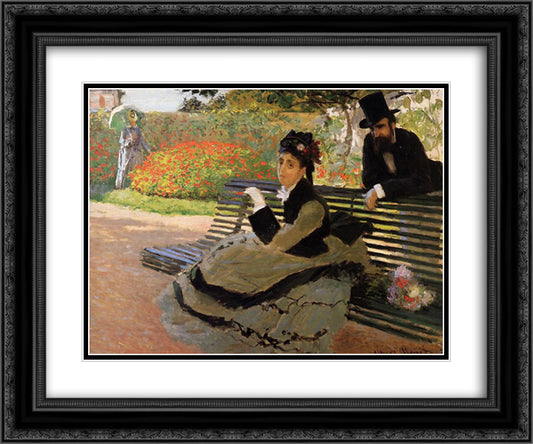 Camille Monet on a Garden Bench 24x20 Black Ornate Wood Framed Art Print Poster with Double Matting by Monet, Claude