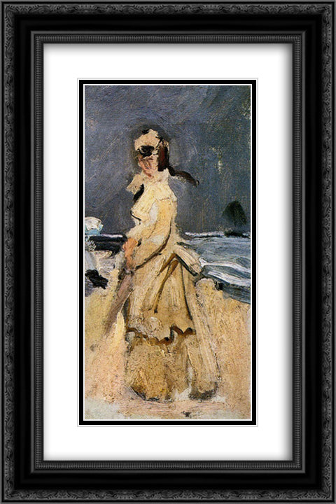 Camille on the Beach 16x24 Black Ornate Wood Framed Art Print Poster with Double Matting by Monet, Claude