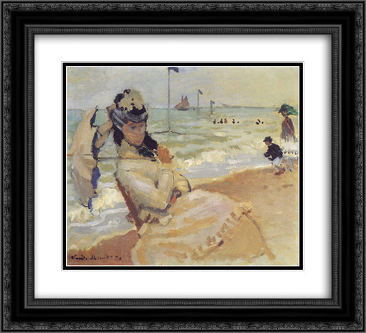 Camille on the Beach at Trouville 22x20 Black Ornate Wood Framed Art Print Poster with Double Matting by Monet, Claude