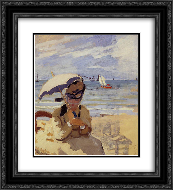 Camille Sitting on the Beach at Trouville 20x22 Black Ornate Wood Framed Art Print Poster with Double Matting by Monet, Claude