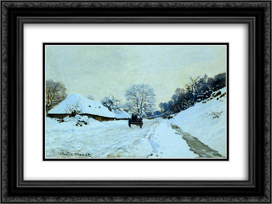 Cart on the Snow Covered Road with Saint-Simeon Farm 24x18 Black Ornate Wood Framed Art Print Poster with Double Matting by Monet, Claude