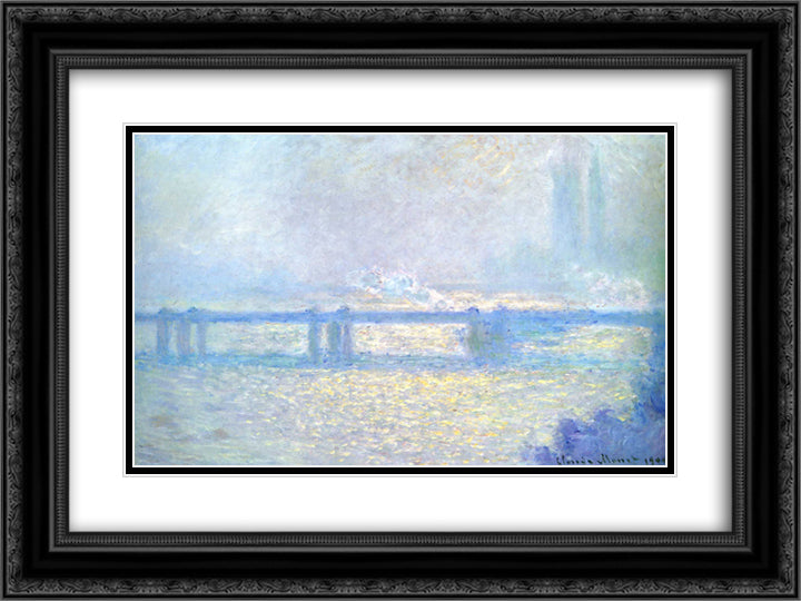 Charing Cross Bridge, Overcast Weather 24x18 Black Ornate Wood Framed Art Print Poster with Double Matting by Monet, Claude