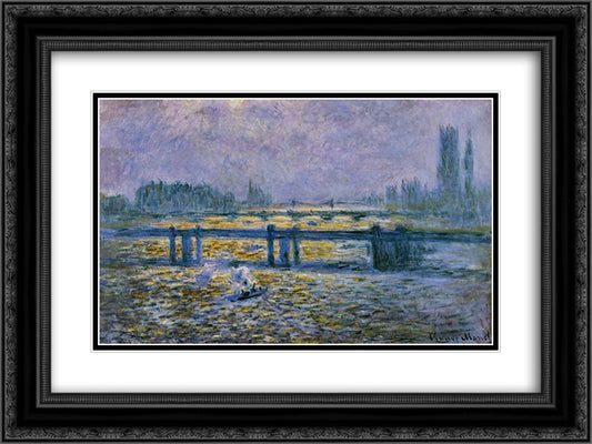 Charing Cross Bridge, Reflections on the Thames 24x18 Black Ornate Wood Framed Art Print Poster with Double Matting by Monet, Claude