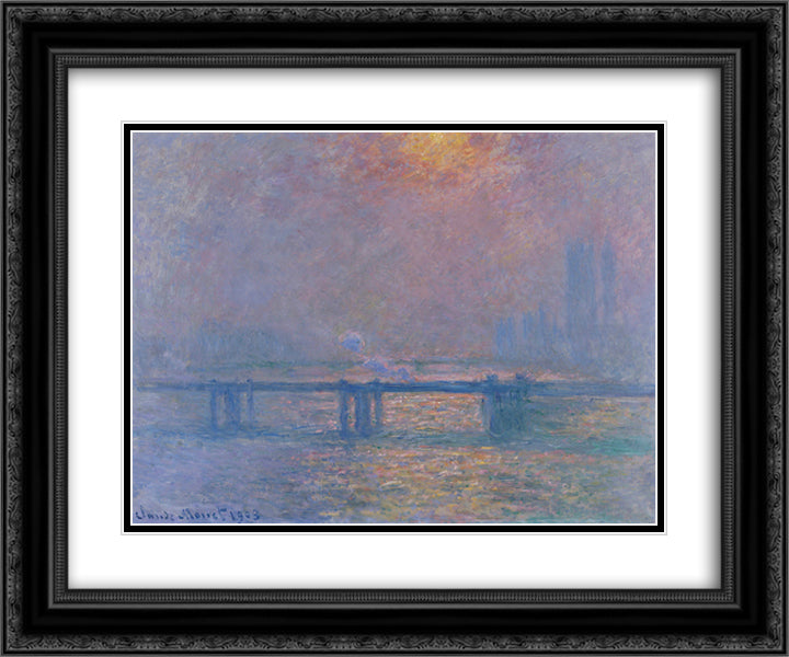 Charing Cross Bridge, The Thames 24x20 Black Ornate Wood Framed Art Print Poster with Double Matting by Monet, Claude