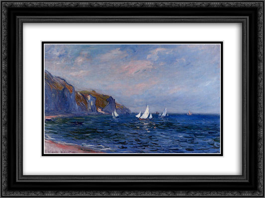 Cliffs and Sailboats at Pourville 24x18 Black Ornate Wood Framed Art Print Poster with Double Matting by Monet, Claude