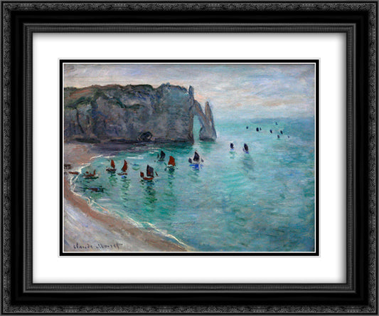 Etretat the Aval Door Fishing Boats Leaving the Harbour 24x20 Black Ornate Wood Framed Art Print Poster with Double Matting by Monet, Claude