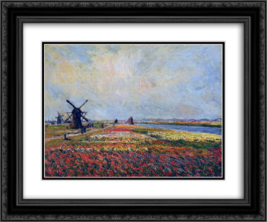 Fields of Flowers and Windmills near Leiden 24x20 Black Ornate Wood Framed Art Print Poster with Double Matting by Monet, Claude