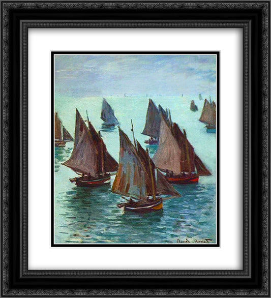 Fishing Boats, Calm Sea 20x22 Black Ornate Wood Framed Art Print Poster with Double Matting by Monet, Claude