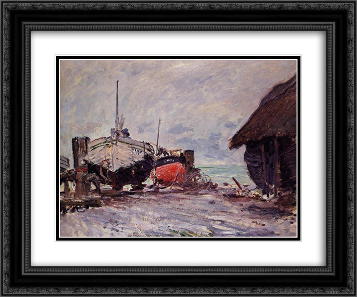 Fishing Boats at Etretat 24x20 Black Ornate Wood Framed Art Print Poster with Double Matting by Monet, Claude