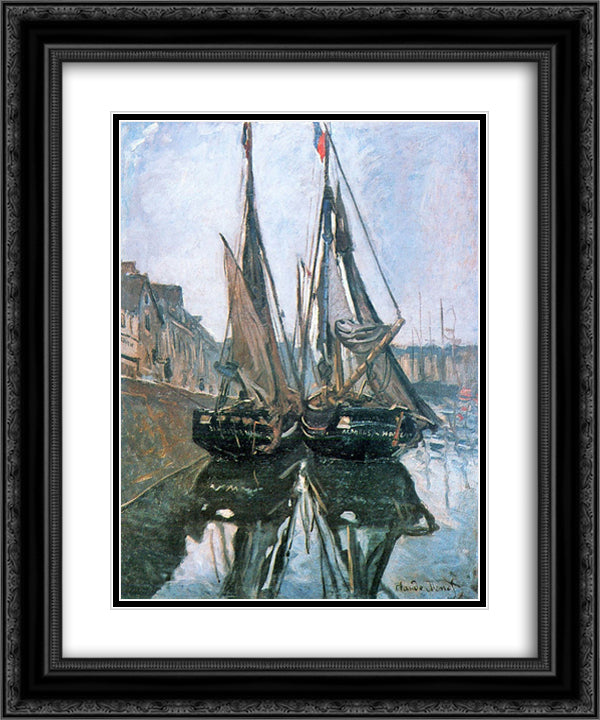 Fishing Boats at Honfleur 20x24 Black Ornate Wood Framed Art Print Poster with Double Matting by Monet, Claude