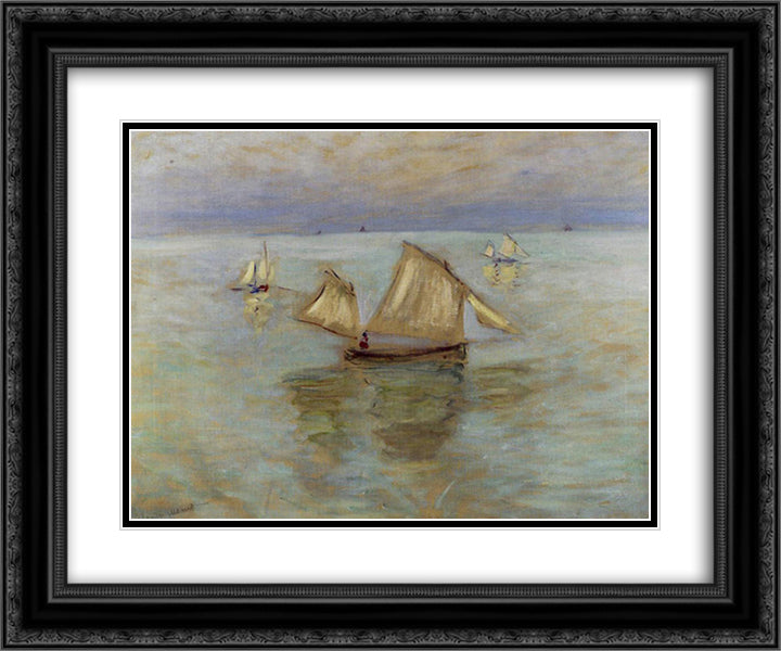 Fishing Boats at Pourville 24x20 Black Ornate Wood Framed Art Print Poster with Double Matting by Monet, Claude
