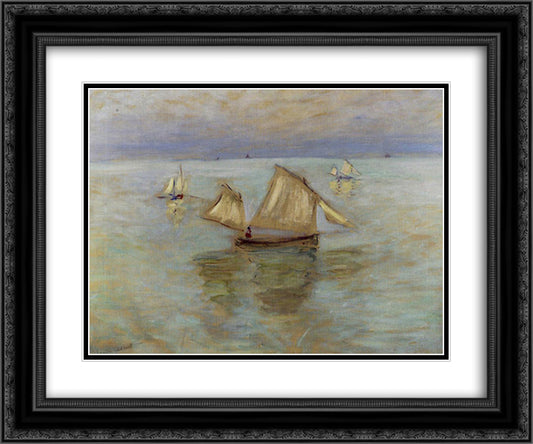 Fishing Boats at Pourville 24x20 Black Ornate Wood Framed Art Print Poster with Double Matting by Monet, Claude