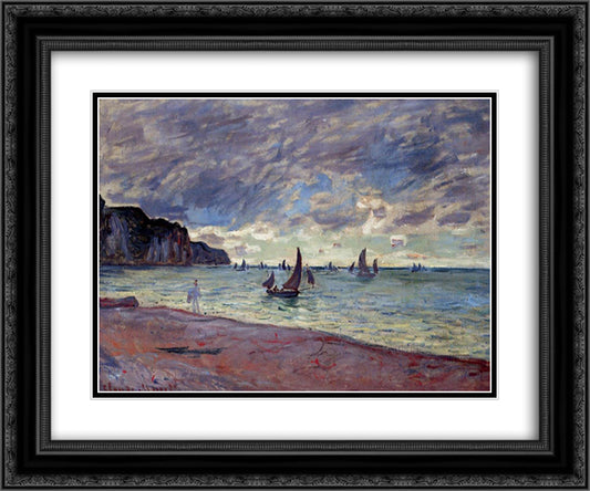 Fishing Boats by the Beach and the Cliffs of Pourville 24x20 Black Ornate Wood Framed Art Print Poster with Double Matting by Monet, Claude