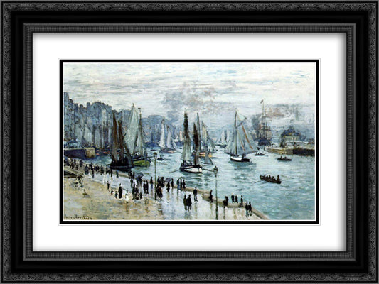 Fishing Boats Leaving the Harbor, Le Havre 24x18 Black Ornate Wood Framed Art Print Poster with Double Matting by Monet, Claude