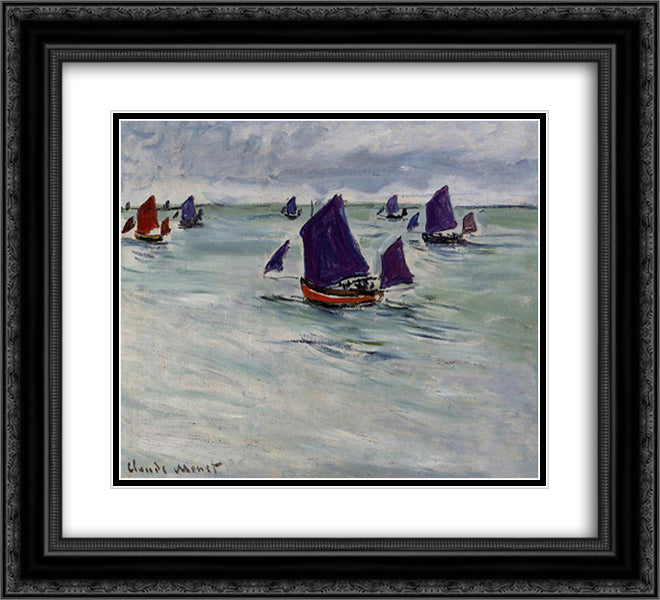 Fishing Boats off Pourville 22x20 Black Ornate Wood Framed Art Print Poster with Double Matting by Monet, Claude
