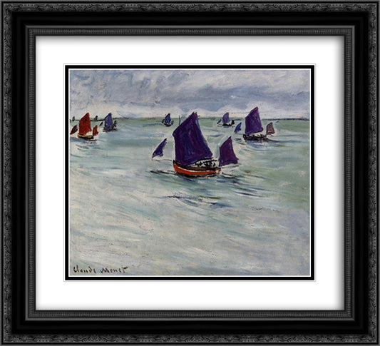 Fishing Boats off Pourville 22x20 Black Ornate Wood Framed Art Print Poster with Double Matting by Monet, Claude