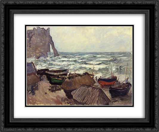 Fishing Boats on the Beach at Etretat 24x20 Black Ornate Wood Framed Art Print Poster with Double Matting by Monet, Claude