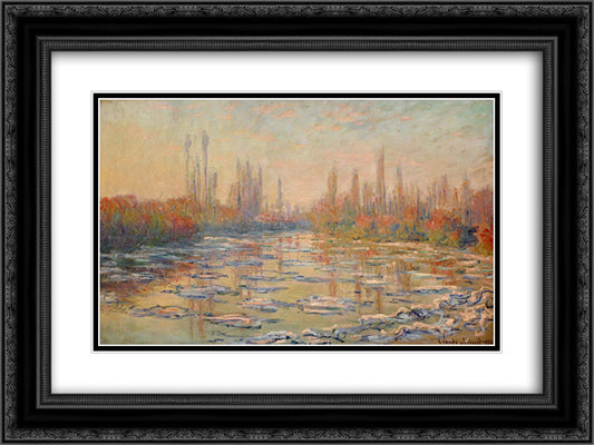 Floating Ice on the Seine 02 24x18 Black Ornate Wood Framed Art Print Poster with Double Matting by Monet, Claude
