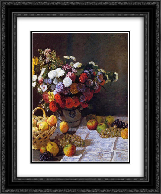 Flowers and Fruit 20x24 Black Ornate Wood Framed Art Print Poster with Double Matting by Monet, Claude