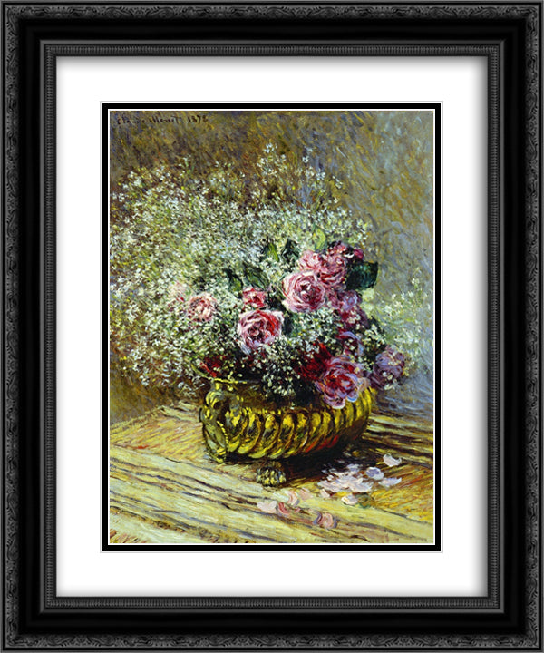 Flowers in a Pot 20x24 Black Ornate Wood Framed Art Print Poster with Double Matting by Monet, Claude