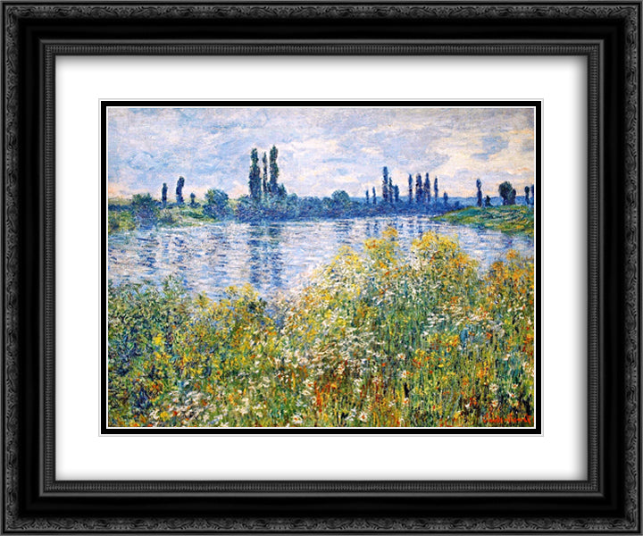 Flowers on the Banks of Seine near Vetheuil 24x20 Black Ornate Wood Framed Art Print Poster with Double Matting by Monet, Claude