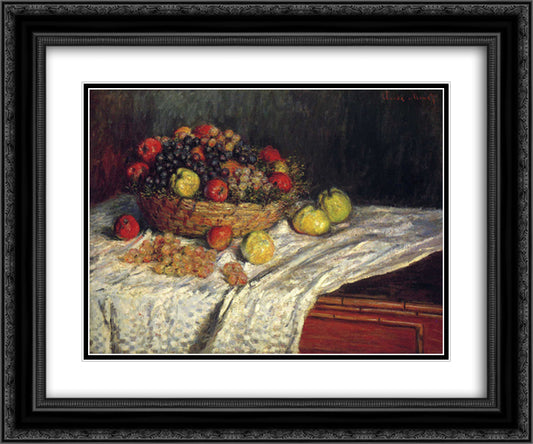 Fruit Basket with Apples and Grapes 24x20 Black Ornate Wood Framed Art Print Poster with Double Matting by Monet, Claude