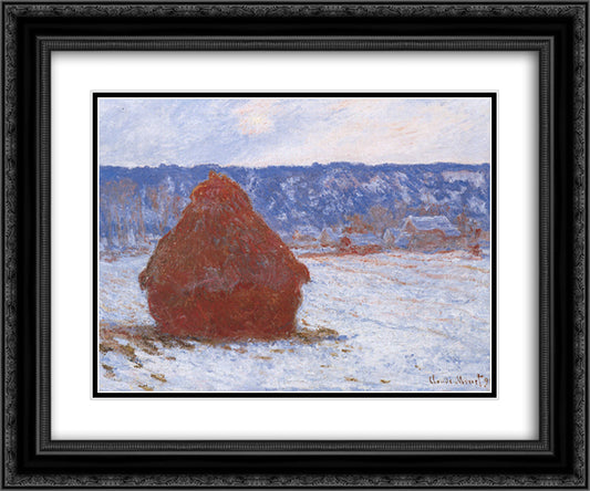 Grainstack in Overcast Weather, Snow Effect 24x20 Black Ornate Wood Framed Art Print Poster with Double Matting by Monet, Claude
